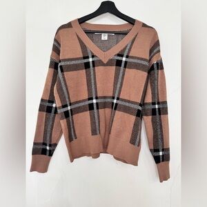 Women’s Max Studio Preppy V-Neck Ribbed Plaid Block Viscose Blend Sweater M